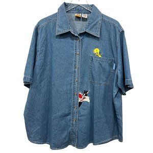 Looney Tunes Women Plus Size 22W / 24W Denim Shirt Tweety Sylvester Short Sleeve
